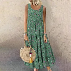 Women Floral Print Bohemian Casual Dress 2024 New Summer Sleeveless O-Neck Plus Size Dress Holiday Beach Large Sundress