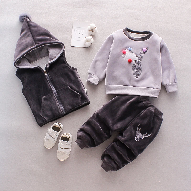 Girls Fleece Deer Pom-Pom Hood Vest + 3D Reindeer Top & Pants 3Pcs Set Kids Warm Winter Outfit 80-120