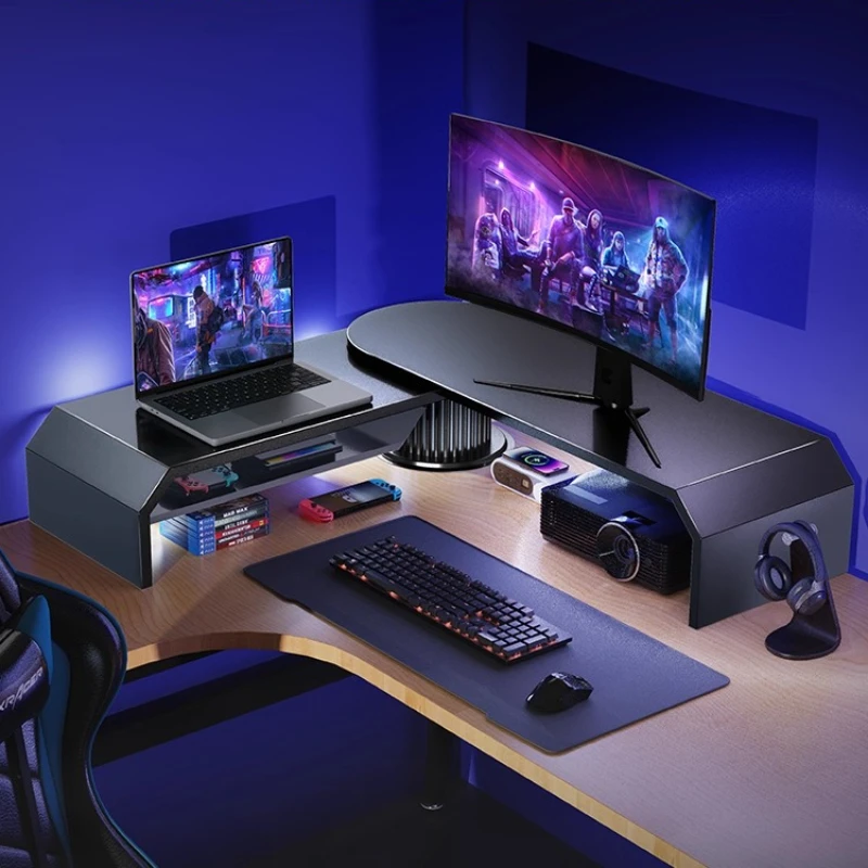 Suporte riser de monitor duplo para dois computadores, organizador de mesa de canto ajustável, suporte para laptop, prateleira de armazenamento de mesa