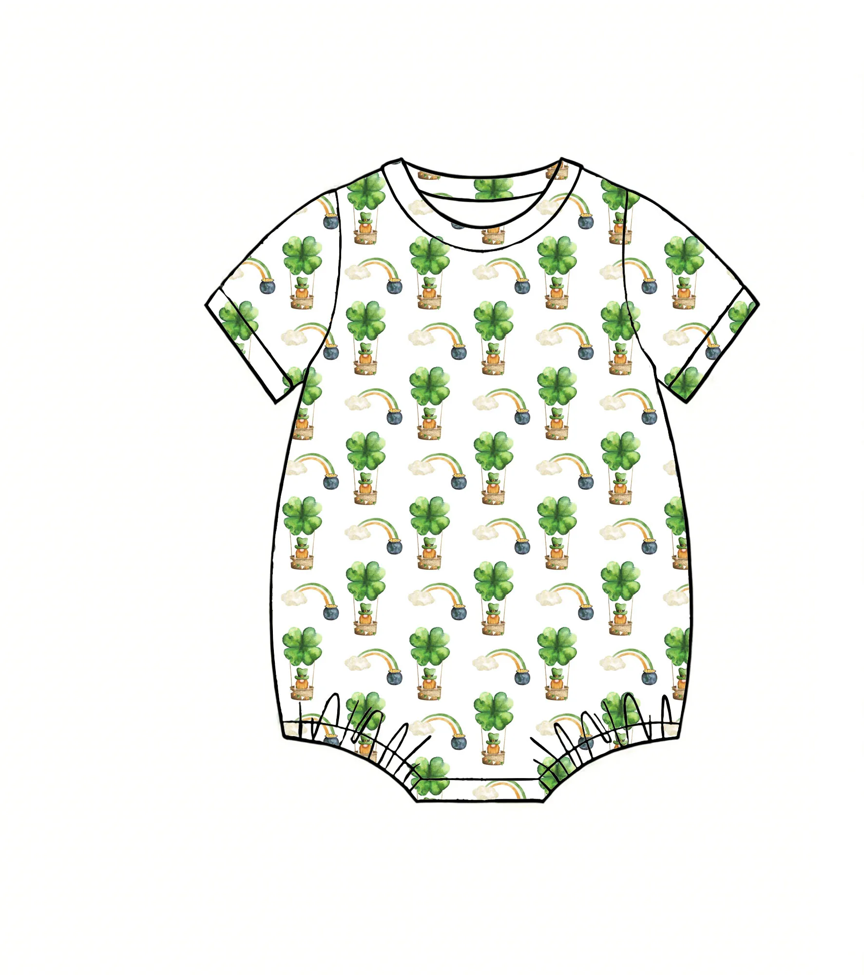 

New boutique children's suit St. Parker's Day four-leaf clover cartoon print short-sleeved jumpsuit baby girl boy clothing