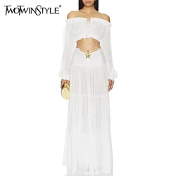 TWOTWINSTYLE Hollow Out Two Piece Set For Women Slash Neck Lantern Sleeve Top High Waist Loose Skirt Elegant Sets Female Fashion