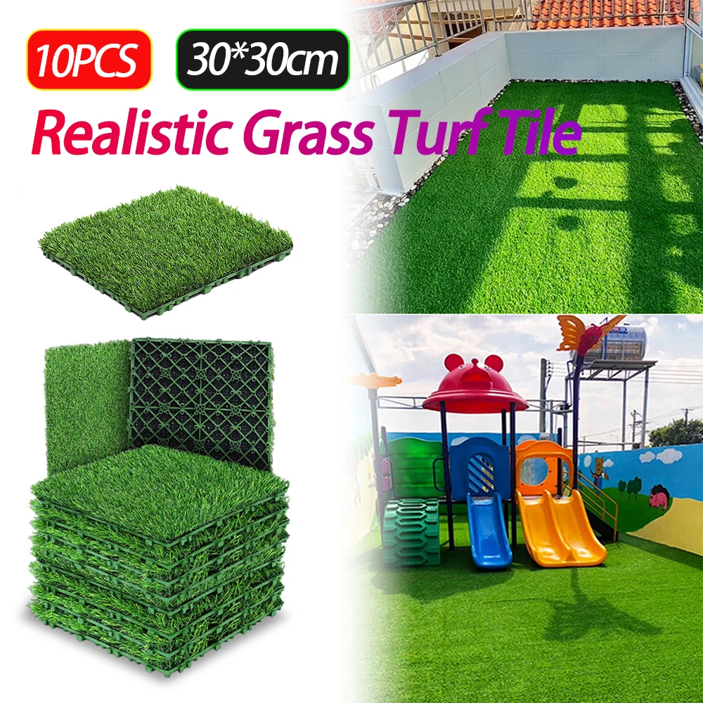 

10PCS Realistic Artificial Grass Turf Tile Interlocking Square Fake Turf Deck Tiles for Indoor Outdoor Garden Lawn Patio Balcony