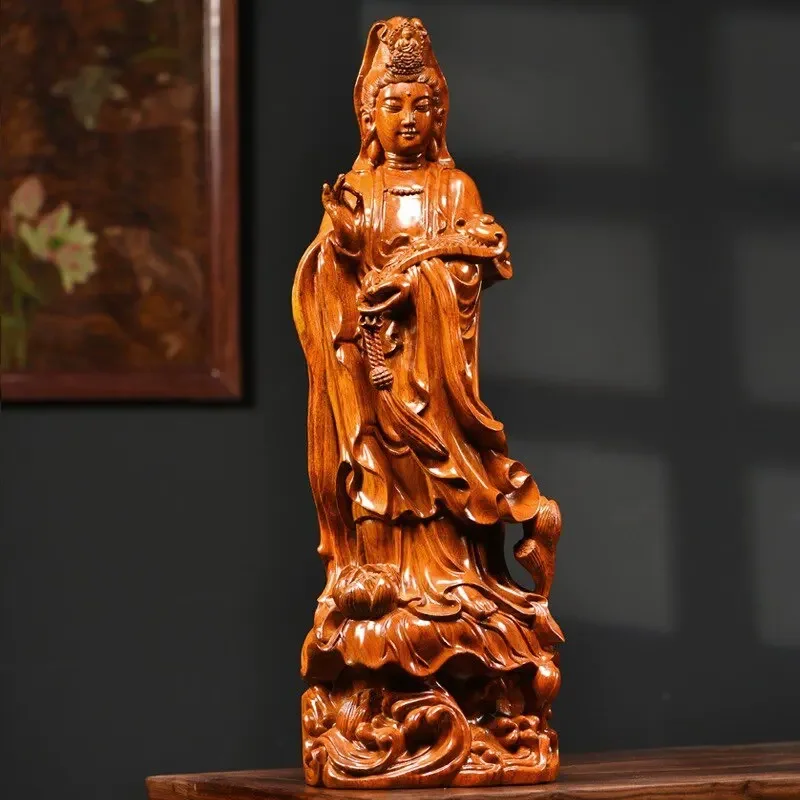 Immagine 3: Statua di Guanyin Bodhisattva FX-18 Nanhai, Ornamento in Legno di Palissandro Intagliato, Statua di Guanyin Bodhisattva con Ruyi