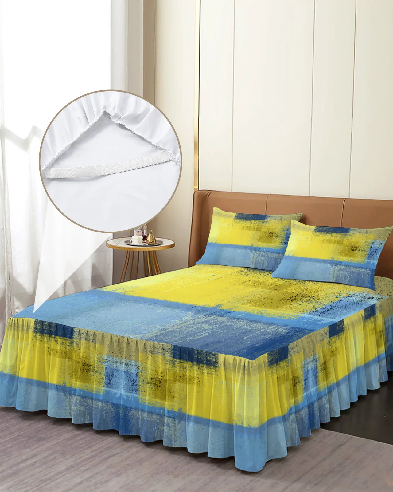 Abstract Oil Painting Geometric Yellow Bed Skirt Elastic Fitted Bedspread With Pillowcases Mattress Cover Bedding Set Bed Sheet