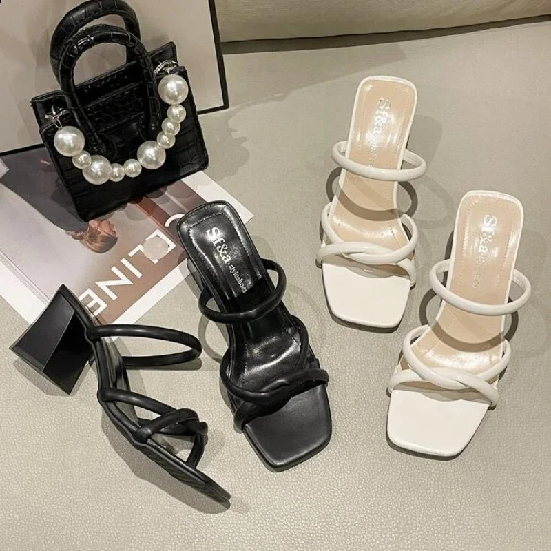 Zapatos de tacón alto con punta cuadrada para mujer, sandalias de verano, 2024