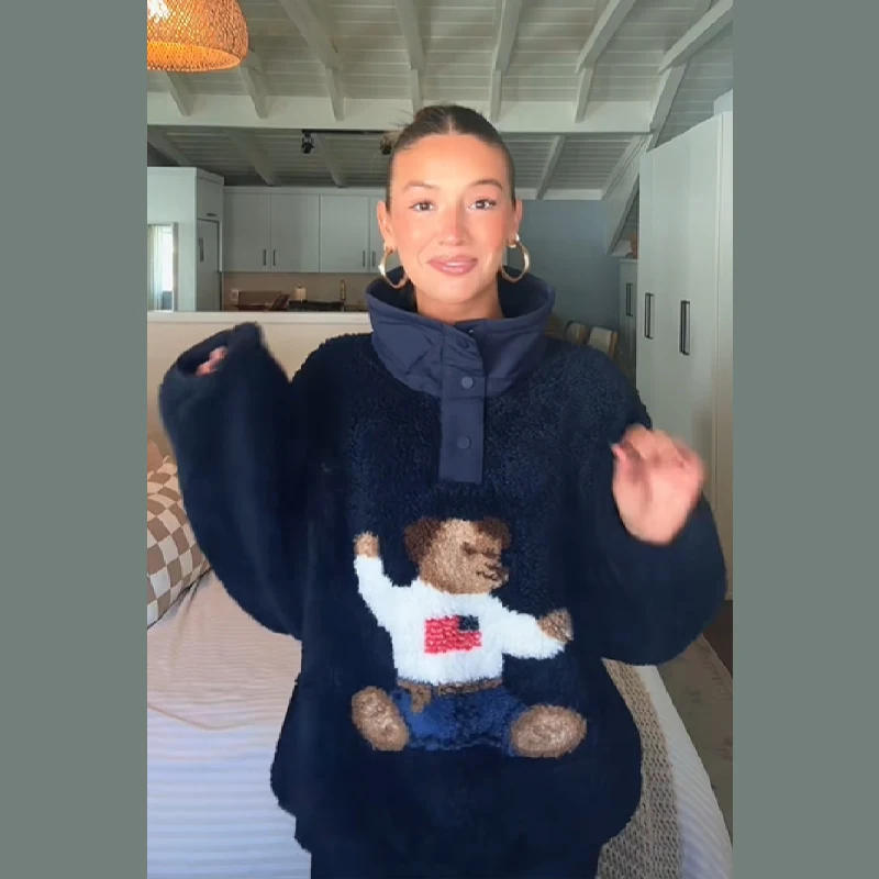 

Fall Winter Cartoon Bear Pattern Lamb Jacket for Women Stand Neck Long Sleeve Loose Jacket 2025 New Lady Warm Thick Streetwears