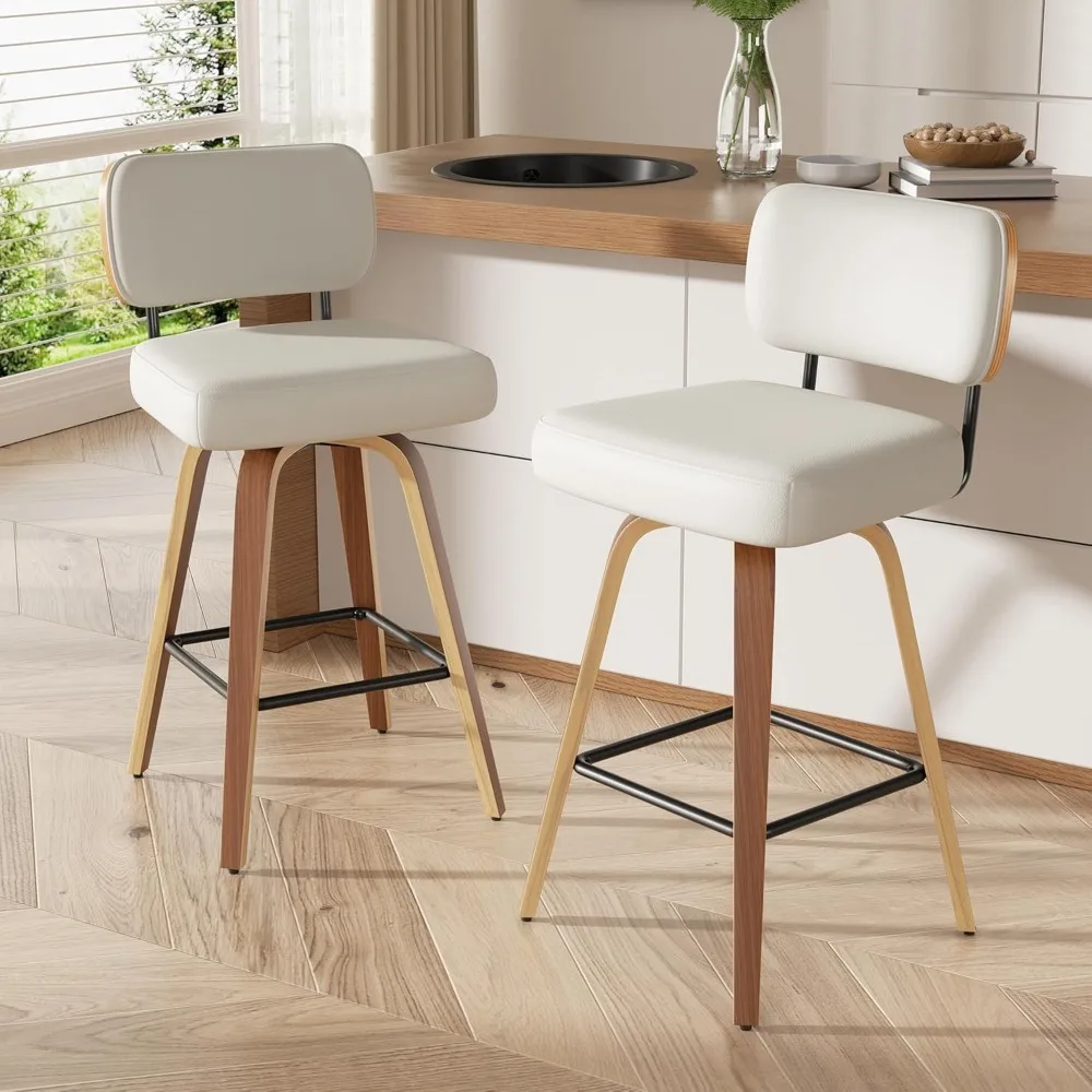 مجموعة كراسي بار دوارة مكونة من 2، مقاعد مرتفعة من الجلد الصناعي مقاس 26 بوصة مع ظهر من خشب الجوز وأرجل من خشب البنت، منتصف القرن #3