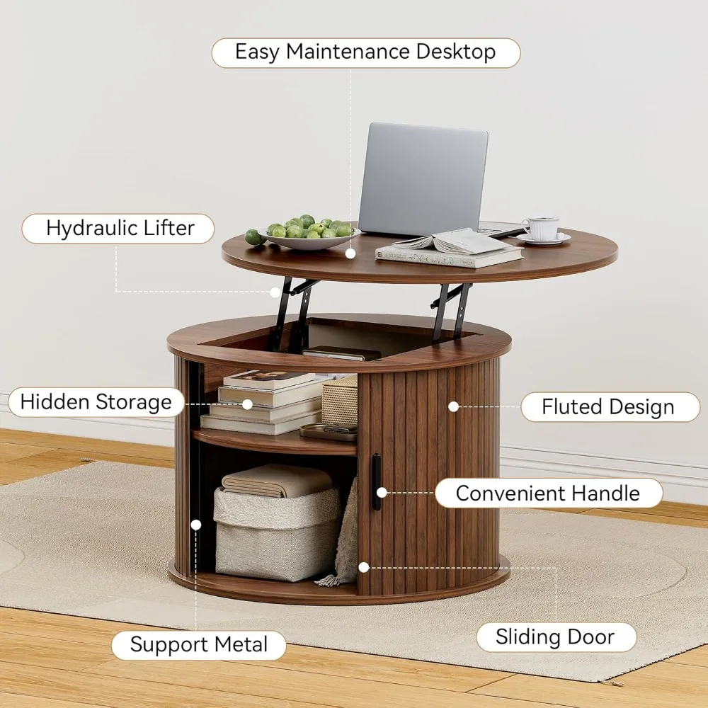 طاولة قهوة ذات رفع دائري، طاولة قهوة خشبية مخفية مع مساحة تخزين مخفية وأرفف مفتوحة، مع غطاء منزلق