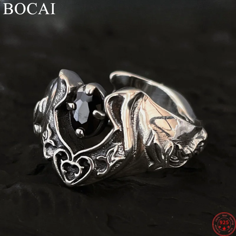 BOCAI S925 Sterling Silver Rings for Women Men New Fashion Relief Eternal Rattan Inlaid Agate Punk Jewelry Wholesale