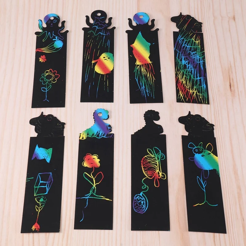 48PCS Kids Rainbow Bookmarks Scratch Art Party Bag Fillers Animal Craft DIY Scratch Paper Art Tags