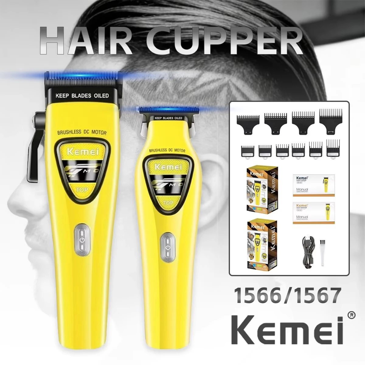 Kemei Professional Hair Clippers Brushless External Rotor Hair Trimmers DLC Clippers Adjustable Trimmer for Men KM-1566 KM-1567