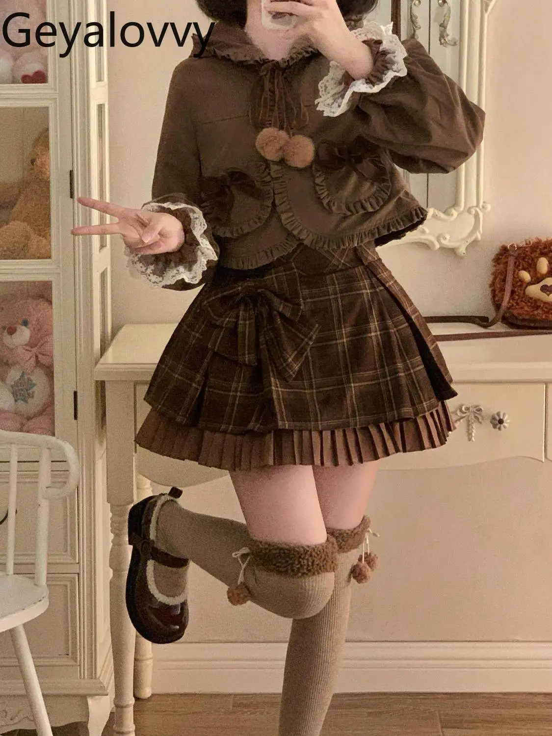 

2026 New Bear Ear Hooded Sweet Cute Girl Bow Short Jacket and High Waist Brown Pleated Mini Skirt Lolita Two-Piece Set