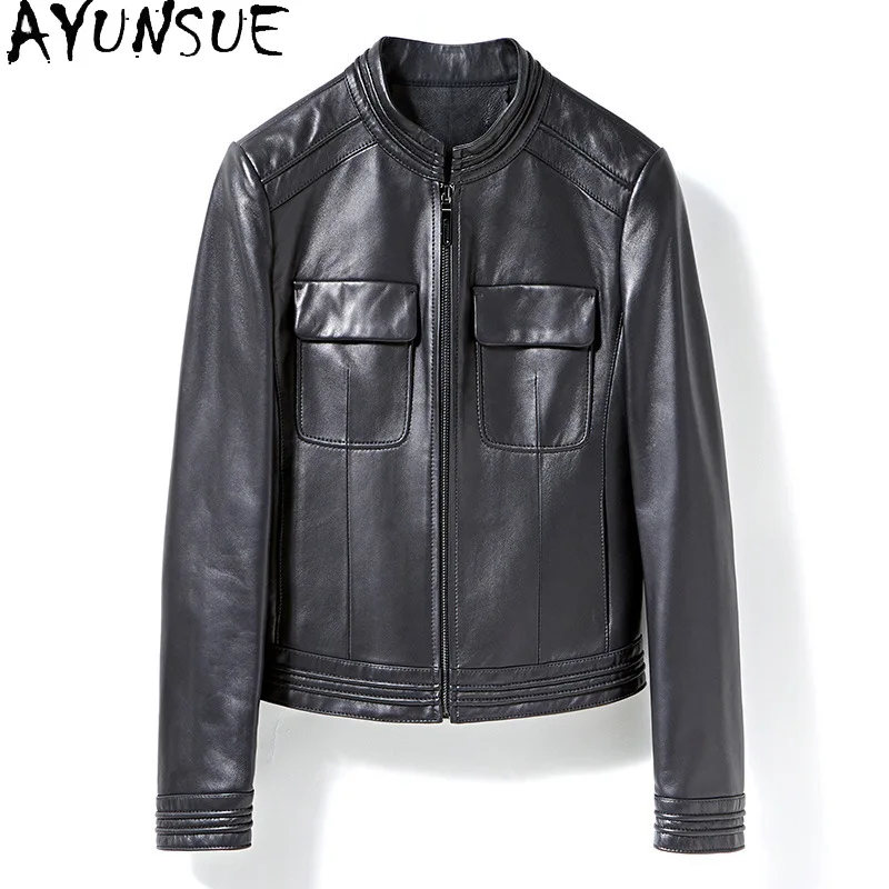 AYUNSUE 100% หนังแกะจริงหนังแจ็คเก็ตผู้หญิง 2025 สีดํารถจักรยานยนต์เสื้อฤดูใบไม้ผลิฤดูใบไม้ร่วงเสื้อผ้า STAND COLLAR Jaqueta De Couro