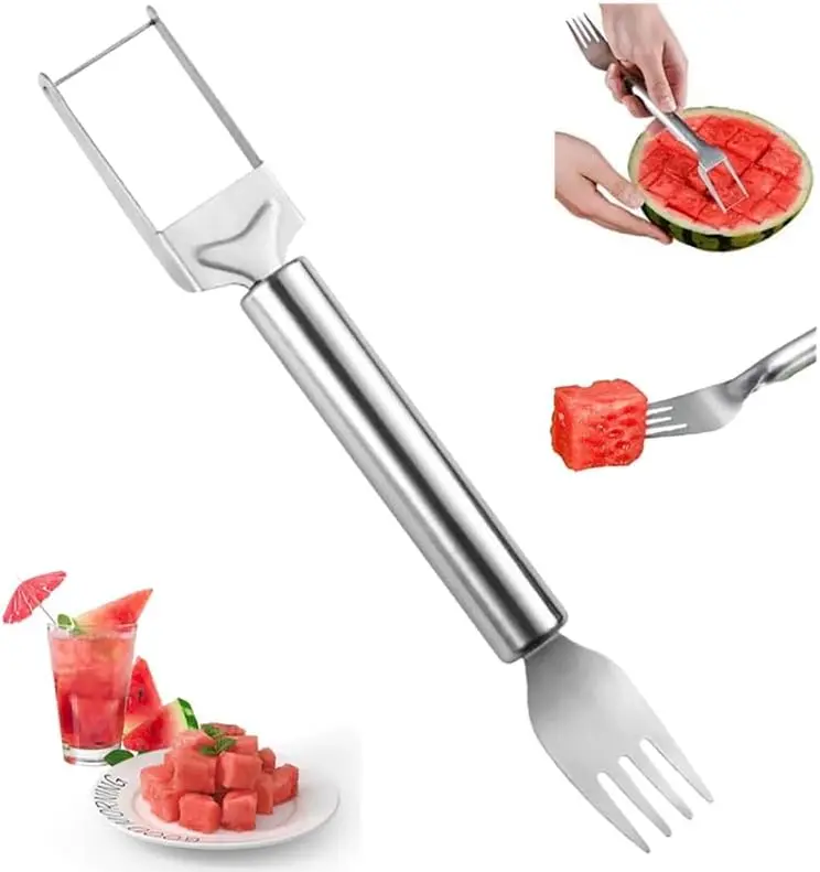 2024 Watermelon , 2-in-1 Stainless Steel Fruit  Watermelon Fork Slicer  Slicer Tool Dual Head Fruit Forks Slicer  Summer Portabl