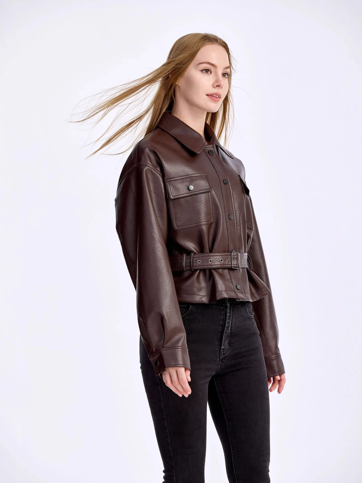 Autumn and winter high-end PU jacket, leather jacket, short style, lapel, motorcycle zipper, slim fit and slimming women's jacke
