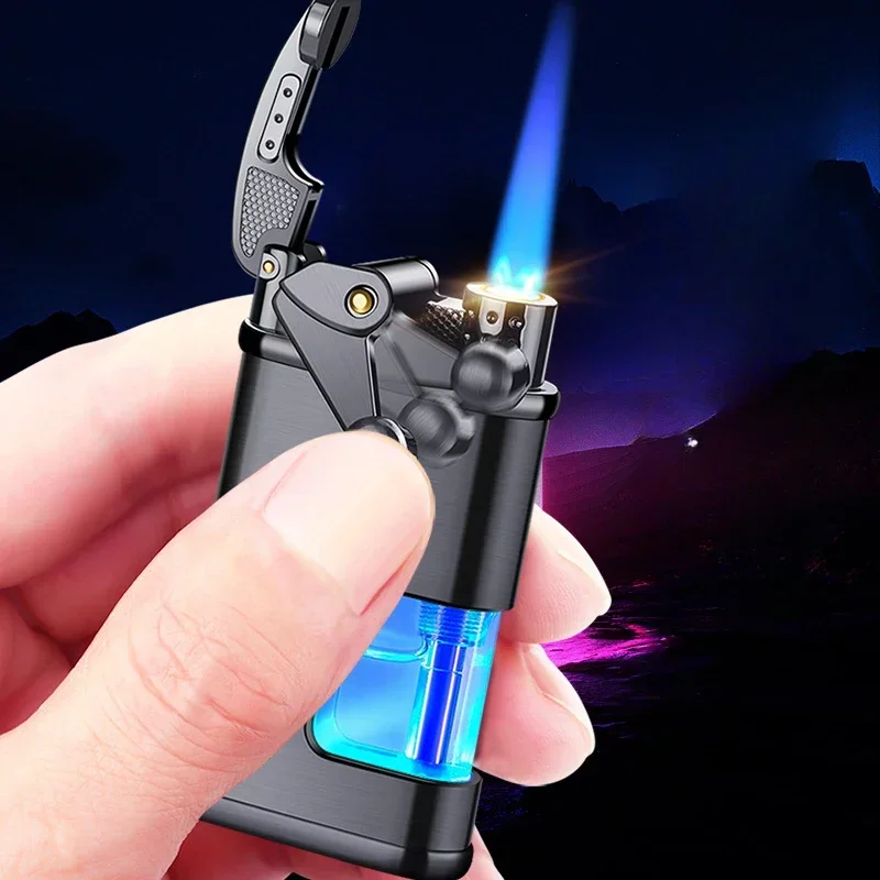 Retro Metal Rocker Arm Straight to Blue Flame Perspective Oil Chamber Flashlight Butane Gas Lighter Smoking Accessories Gadgets