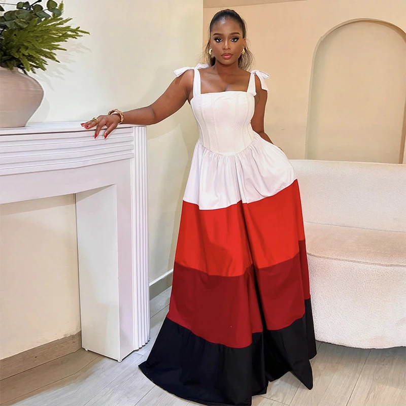 

Women's 2026 Spring New Fashion Bow Strap Top Color blocked High waisted Long Skirt Dress