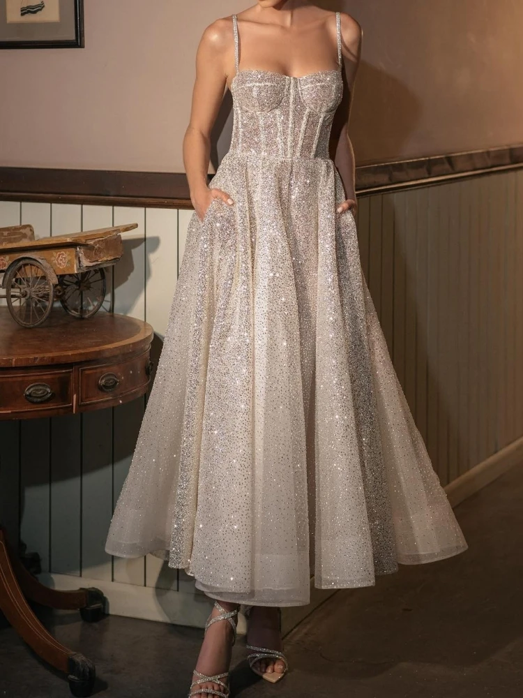 A1053 Винтажные блестящие платья для выпускного вечера женские на тонких бретельках трапециевидной формы до щиколотки свадебная вечеринка торжественное вечернее платье 2024 по индивидуальному заказу