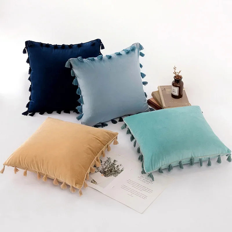 

45x45cm Velvet Sofa Throw Pillow Cover Solid Color Tassel Bedside Cushion Cover Light Luxury Couch Pillowcases Home Decorative