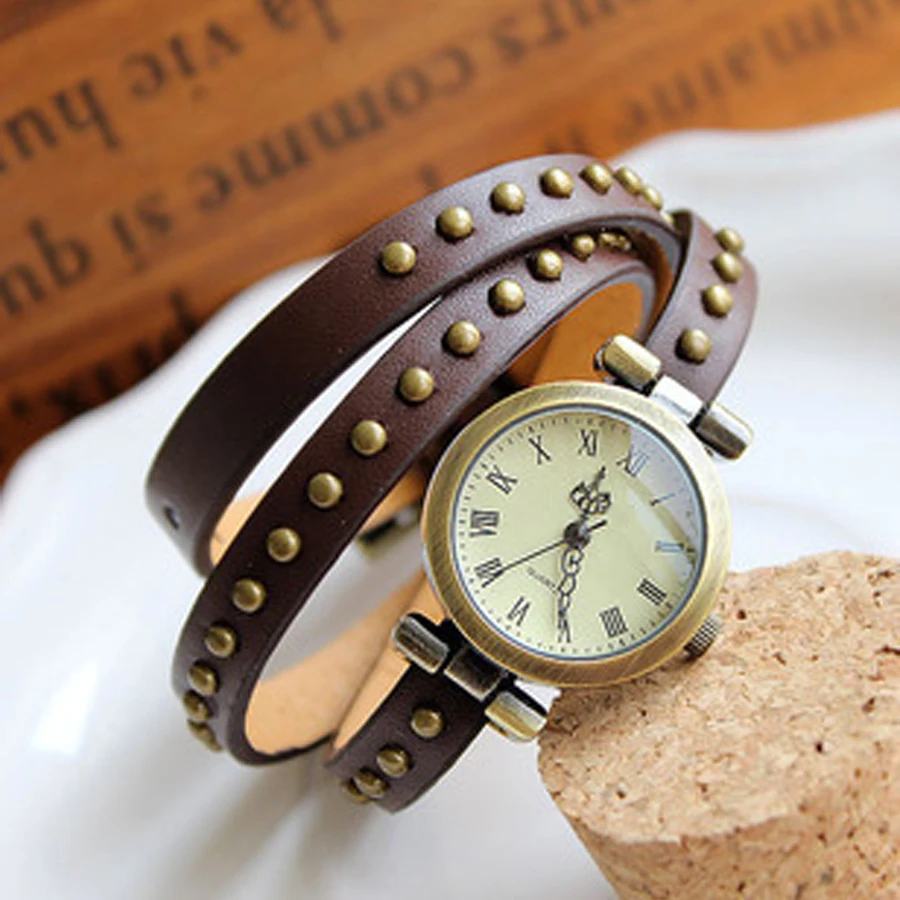

Fashion women's long Genuine leather female watch ROMA Punk copper nails vintage bronze watch twining women dress watches
