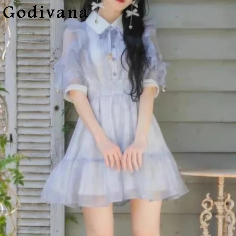 Large Size Sweet Ruffles Floral Short Sleeve Peter Pan Collar Dress Spring Summer Girl High Waist A-line Age Reduction Dresses