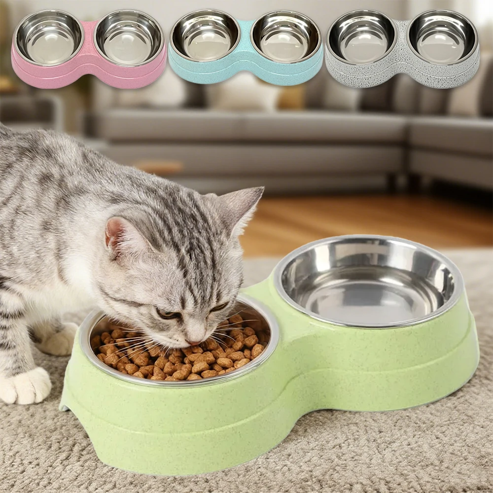 

1PC Dog Double Bowl Puppy Food Water Feeder Cute Stainless Steel Pets Drinking Dish Feeder Pet Supplies Feeding Dishes Dogs Bowl