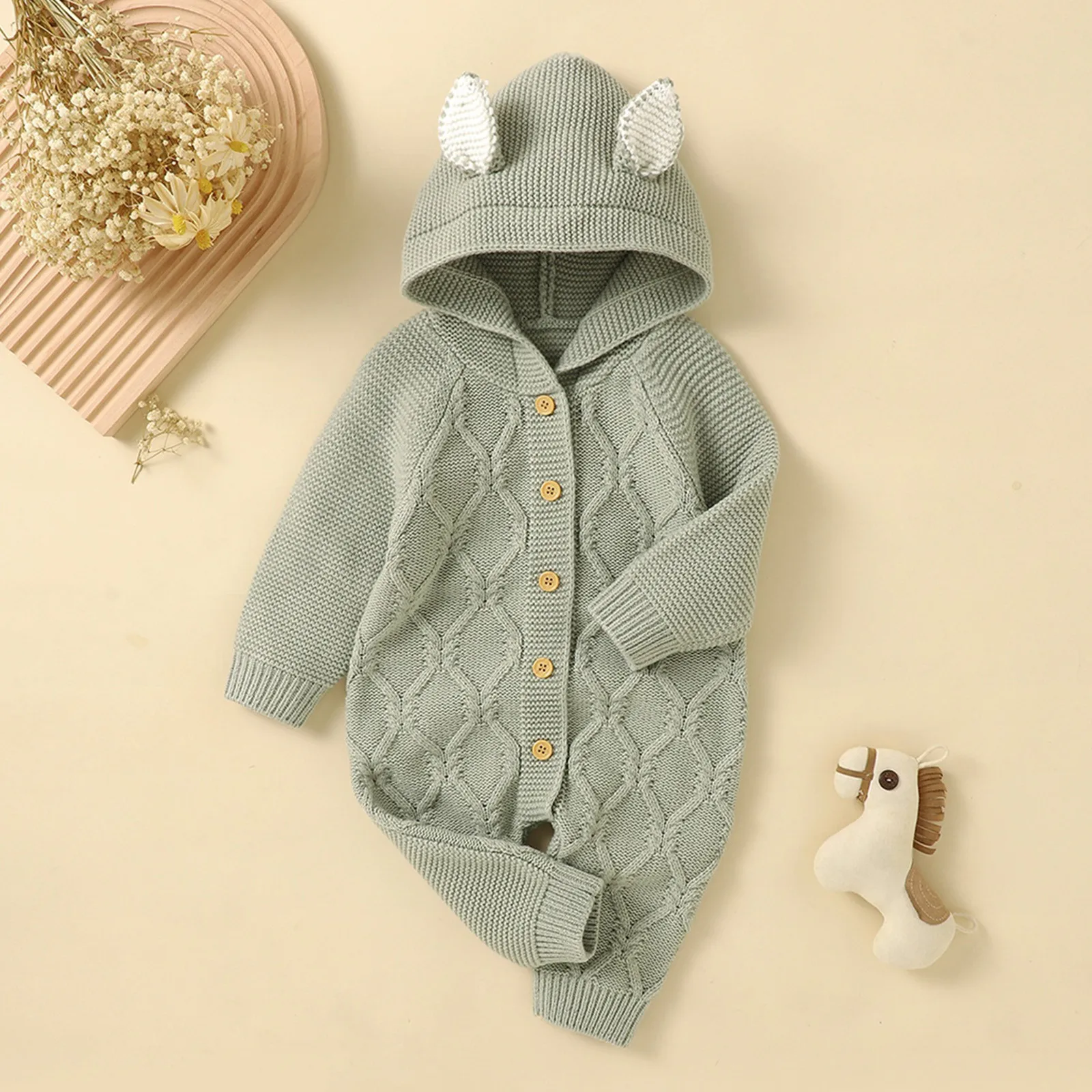 Newborn Baby Knitted hooded Sweater Jumpsuits Autumn Winter Soft Warm Romper Boys Girls Hooded With Ear Jumpsuits Jackets