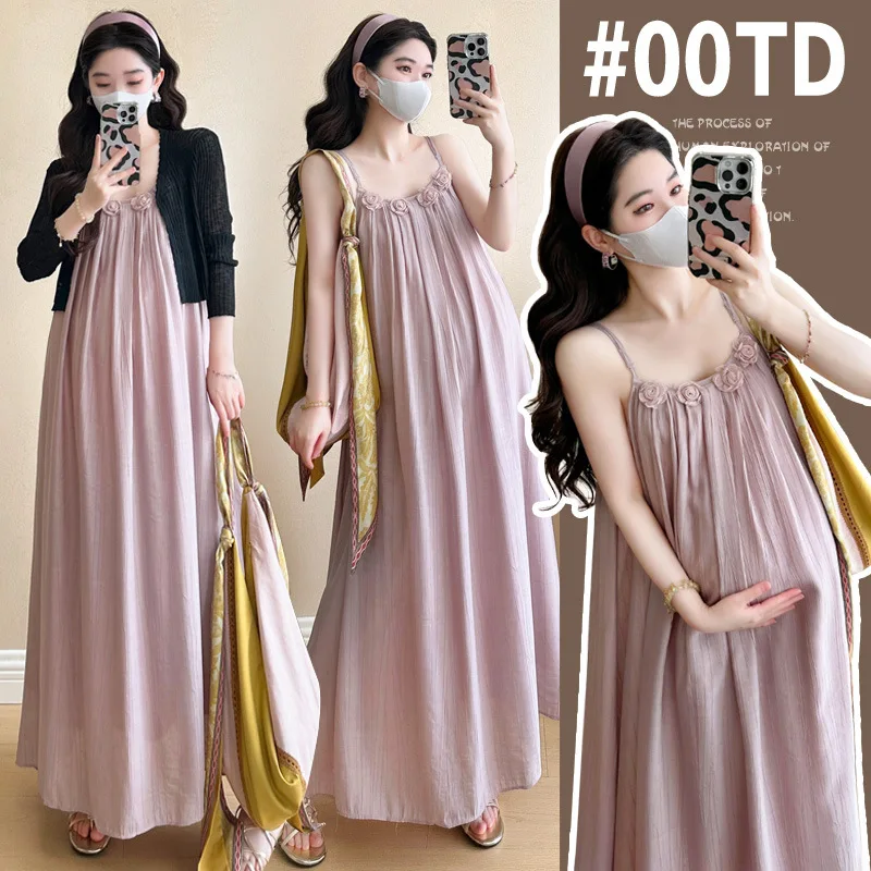 Maternity Suit Summer 2026 Gentle Elegant Temperament Floral Pink Spaghetti Strap Maxi Dress and Thin Cardigan Two Piece Set