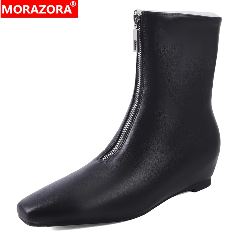 

MORAZORA 2026 New Real Leather Women Boots Zipper Square Toe Autumn Winter Boots Thick Fur Warm Short Booties