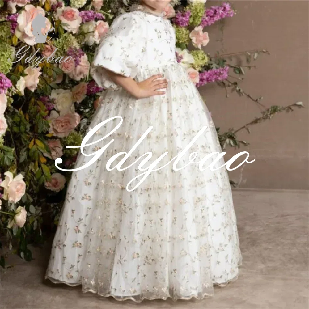

Flower Princess Elegant Long Ball Flower Girl Dress Floor Length Classic Half Puff Sleeve First Communion Gown Customized
