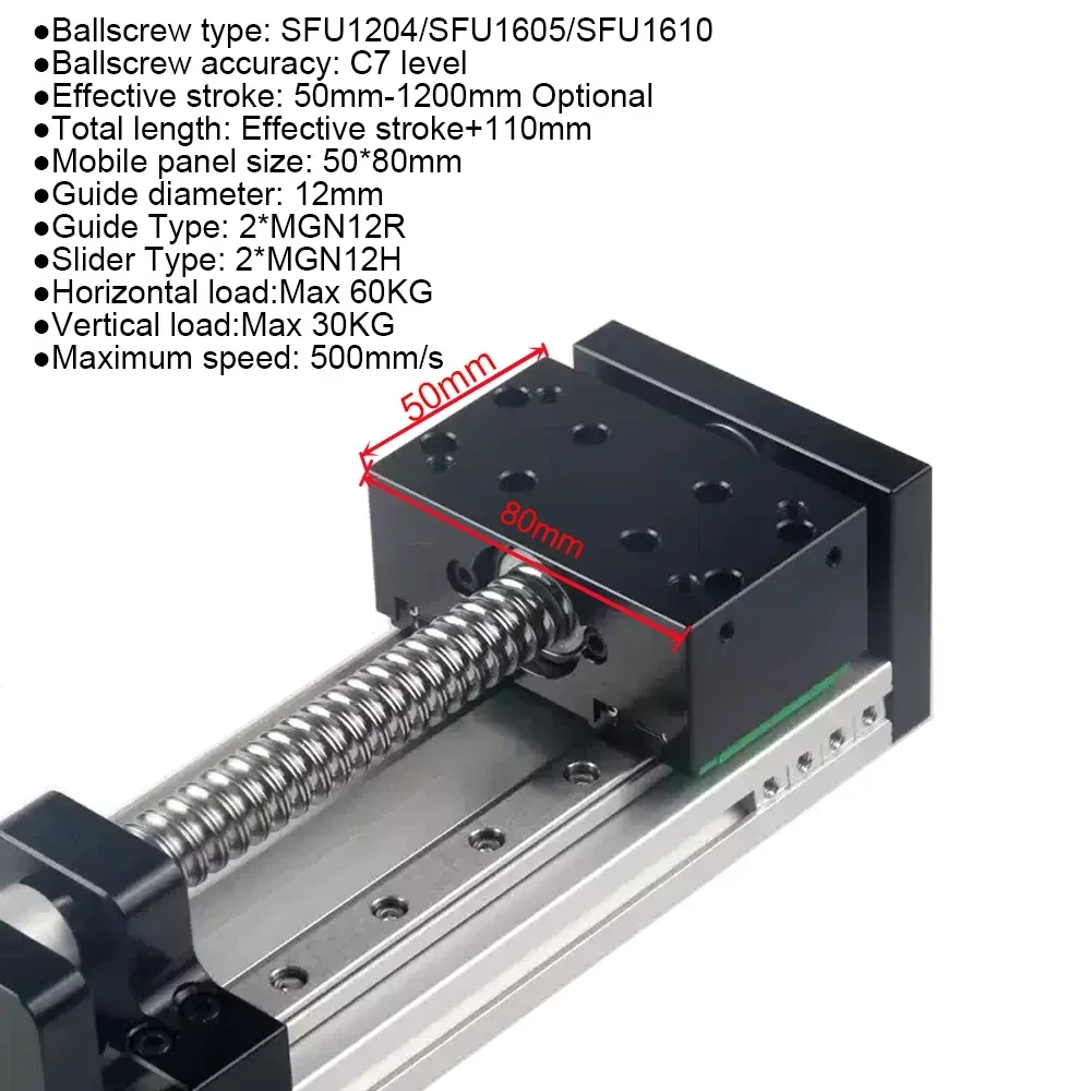 Trilho de guia linear, estágio deslizante, trilho linear duplo, eixo xyz, parafuso esférico 1605 1610 para nema 23 stepper 60mm, servo motor, carga máxima 60kg