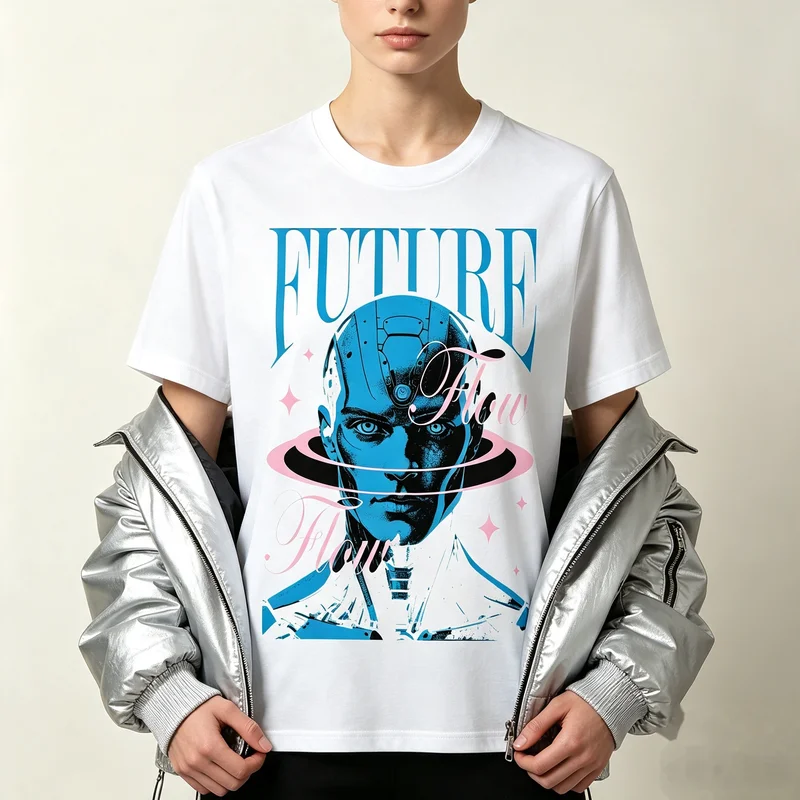 Future Flow Shirt Futuristic Space Planet Graphic Tee Blue Pink Cyber Aesthetic T-Shirt Casual Unisex Streetwear Top Cotton
