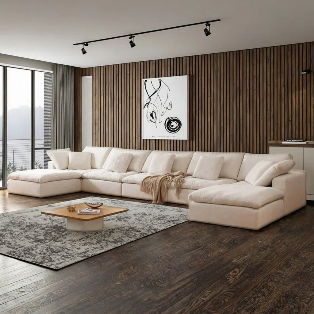 Modern Reversible Lounge Chair L-Shaped Sectional Sofa Deep Seat Feather Tufted Lowland Villa Hotel Apartment School Park