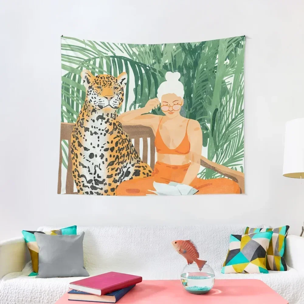 Jungle Vacay | Modern Bohemian Blonde Woman Tropical Travel | Leopard Wildlife Forest Reader Tapestry