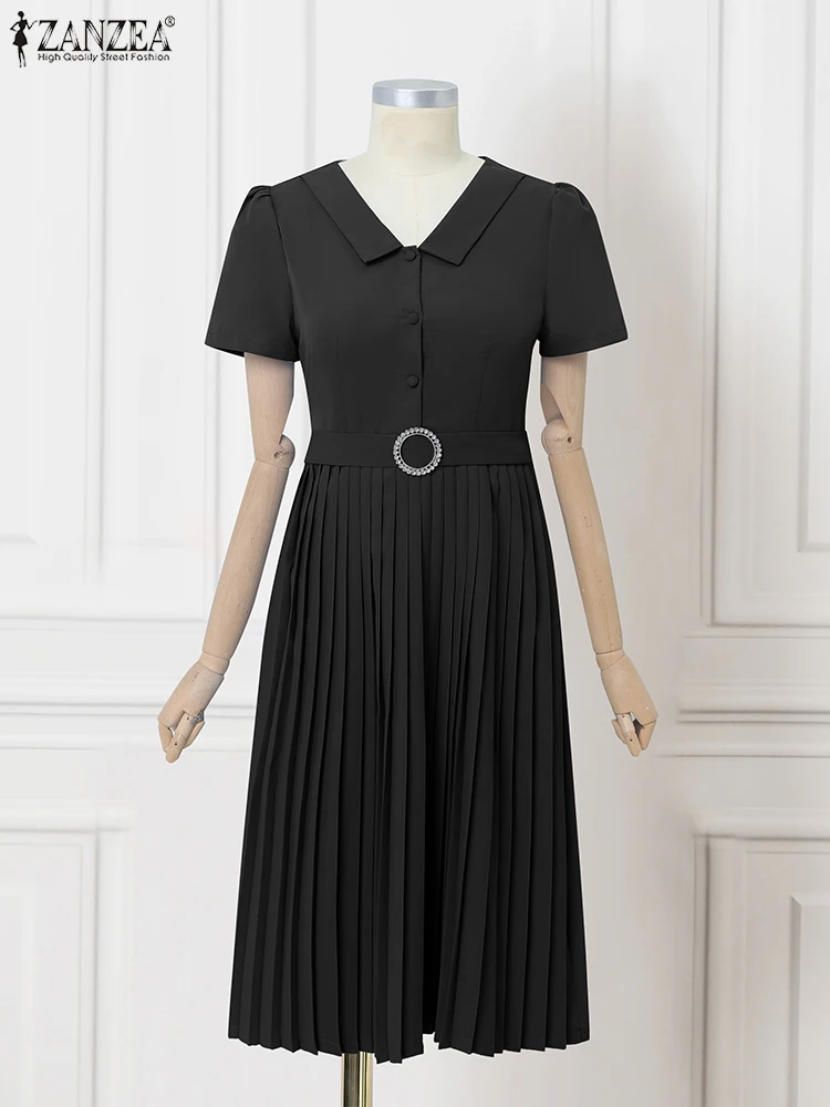 ZANZEA Sommer Elegante Frauen Party OL Kleider 2025, Kurzarm Casual Solide Plissee Mode Robe Midi Büro Dame Arbeit Vestidos