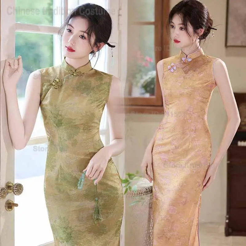 Vestido Qipao Verde Sexy para Mujer, con Estampado Floral, Cuello Mandarín, Elegante, Estilo Chino, para Baile o Fiesta