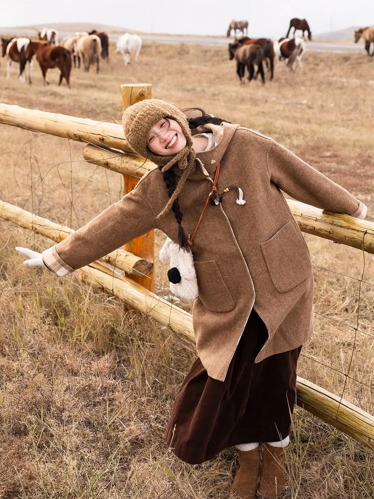 

Двустороннее пальто-шапка из 70% шерсти в японском стиле, художественное, в стиле ретро, в клетку, цветное, для певцов и художников