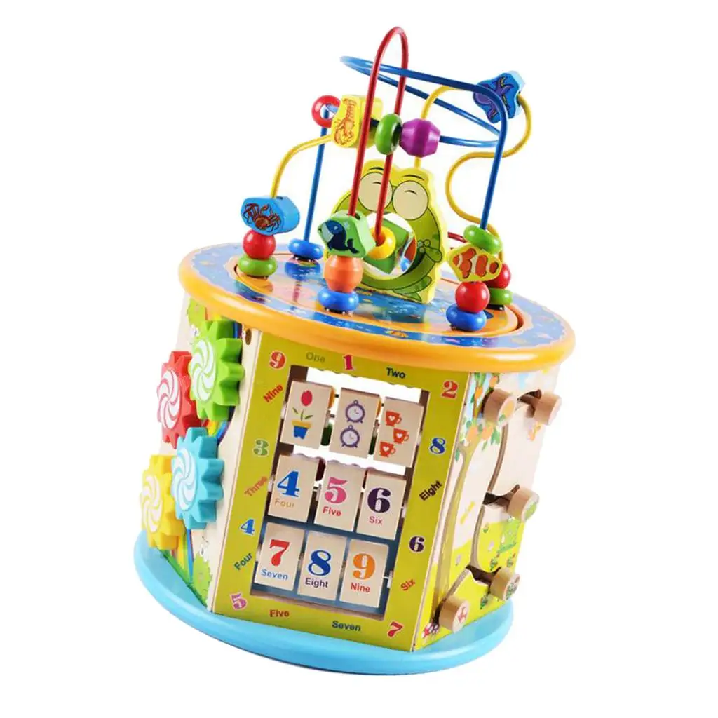 8 funções de madeira animais frutas contas metal montanha-russa brinquedo educativo