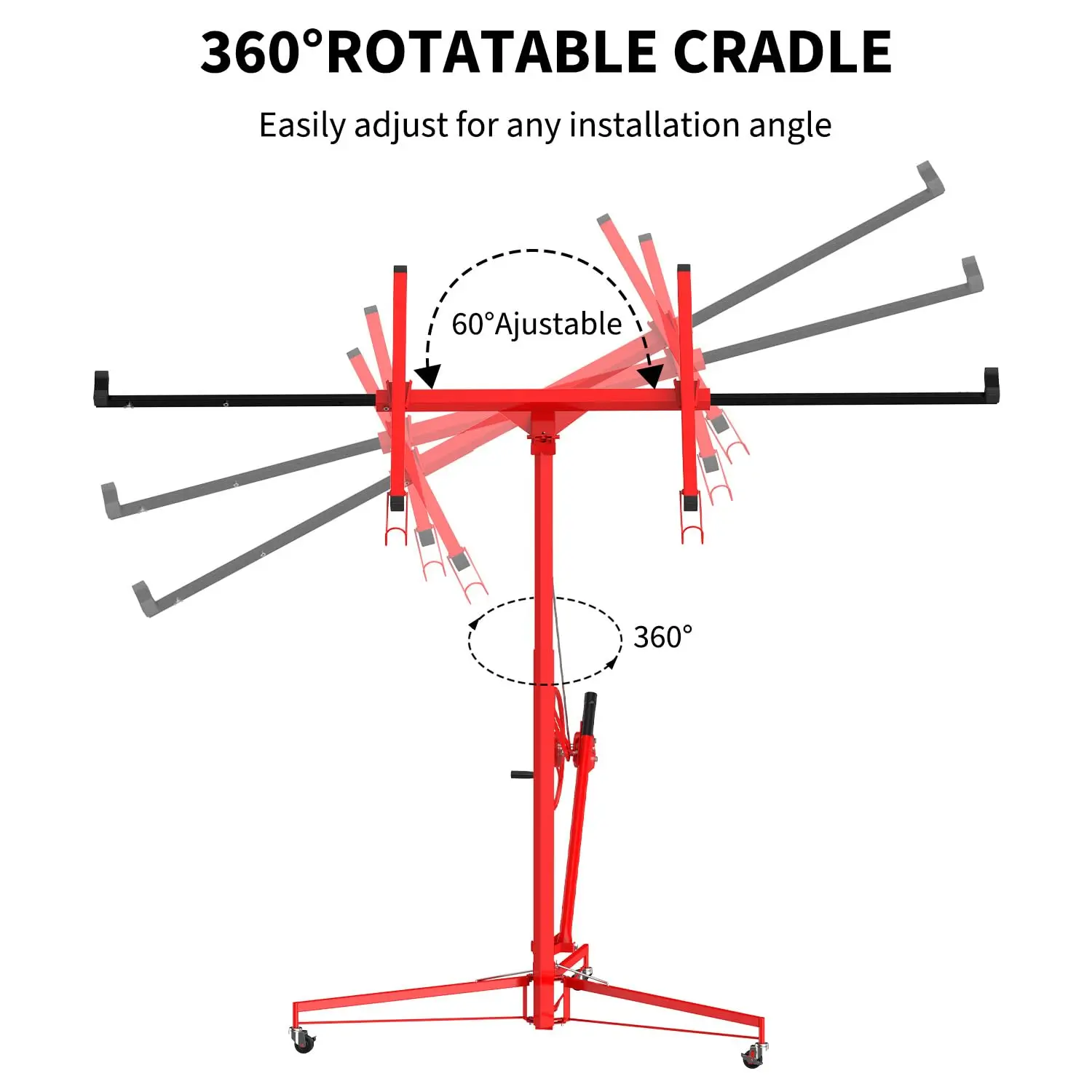 16FT Heavy-Duty Drywall Lift – Sheetrock Panel Hoist Jack with 150 lbs Capacity, 360° Adjustable Telescopic Arm, 3 Lockable Wheels – Rolling Lifting Tool for Ceiling & Wall Installation
