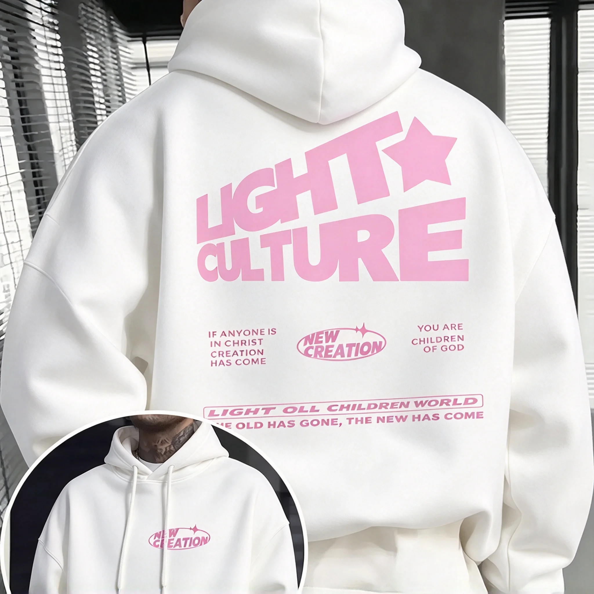 Men'S Casual Hoodie with a Light Culture Pink Slanted Letter Design Loose Fit Made from Polyester - Machine Washable  streetwear