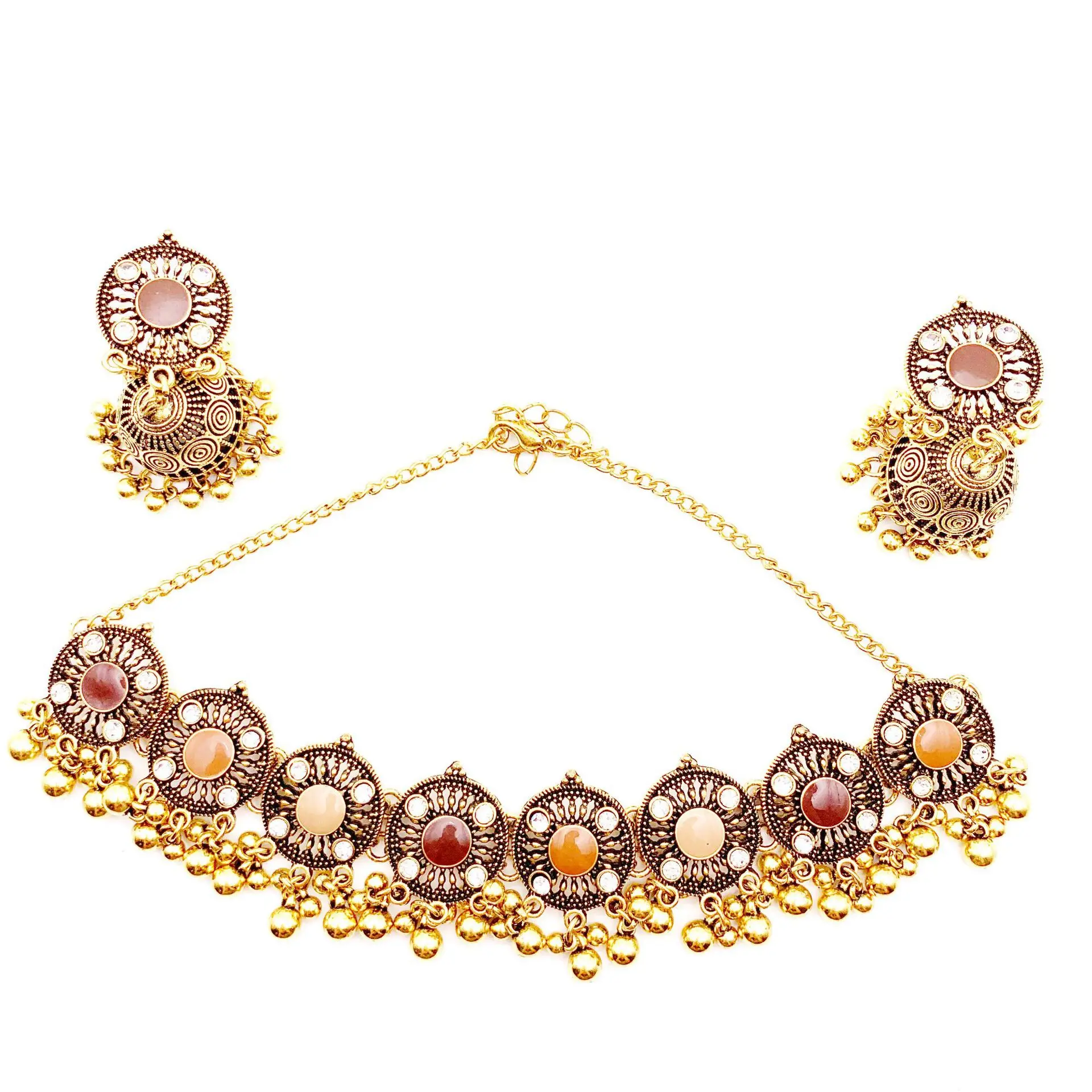 Cross-border,  jewelry wholesale dripping oil metal water crystal exaggerated fashion personality niche necklace earrings set,
