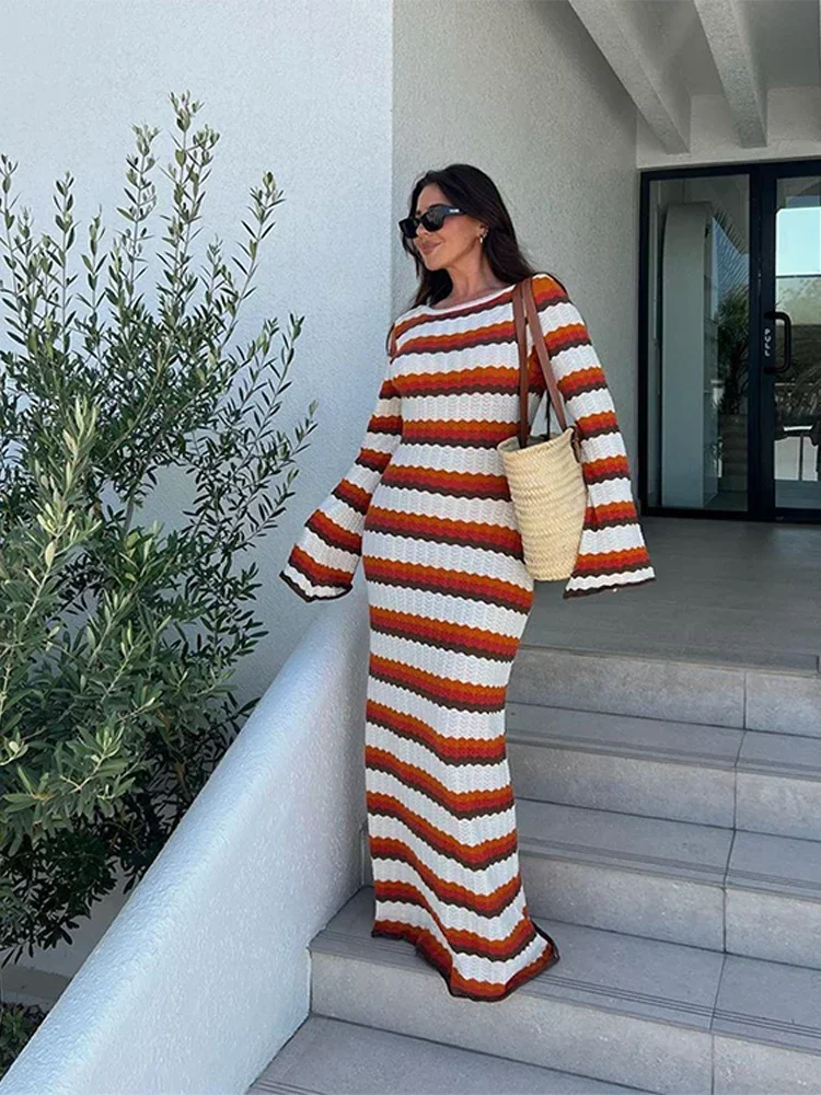 Knitted Summer Stripe Maxi Dress Women Crochet Sheer Flare Sleeve Party O-neck Dresses Sexy Backless Beach Holiday Street Robes