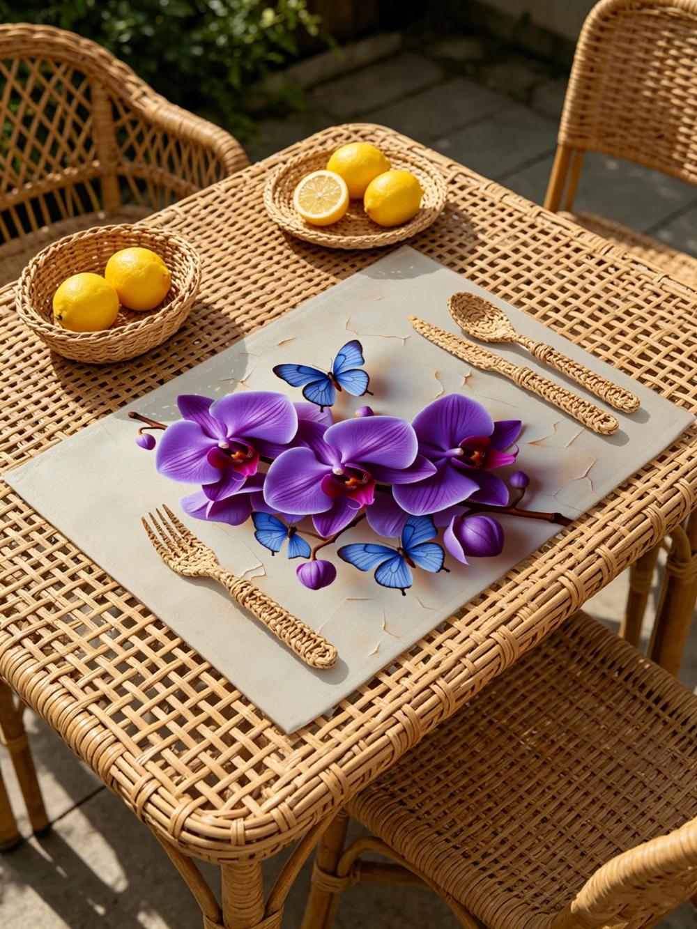 Printed Placemats for Dining Table Kitchen Holiday Parties Purple Orchids And Blue Butterflies