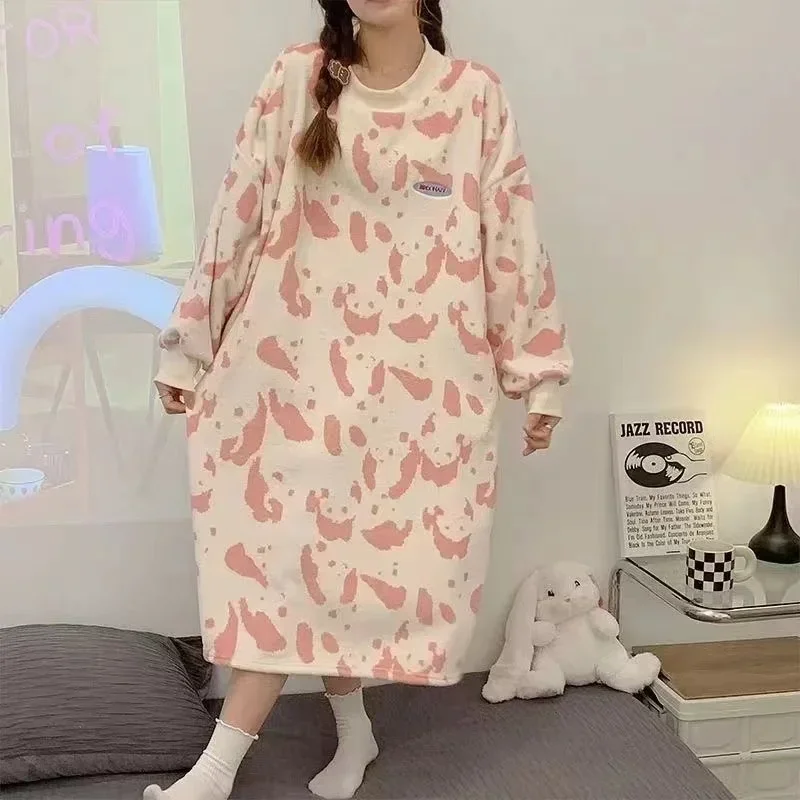 150kg Plus Size Women Autumn Winter Loose Fleece Long-Sleeve Pajama Sleeping Dresses Fat Female Clothing Oversize Sleeping Dress