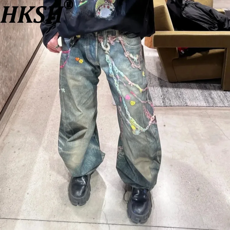 

HKSH Spring Autumn New Men Tide Chain 3D Printed Women Jeans Chic Ins Vintage Denim Pants Punk Fashion Streetwear HK19263