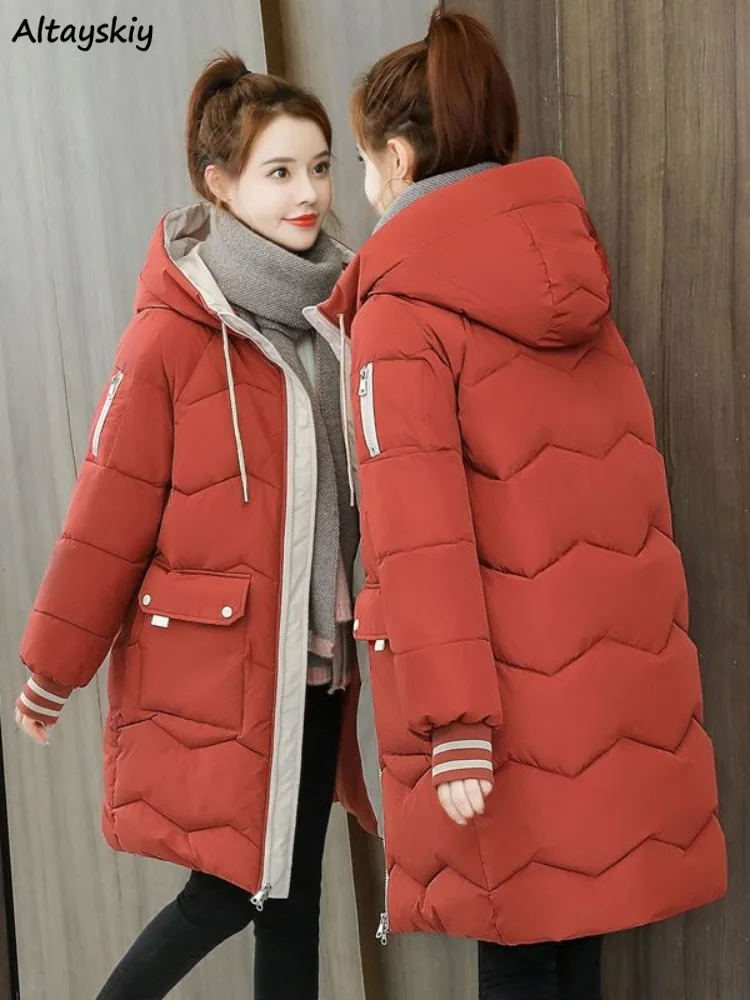 

Parkas Women Hooded Casual Daily Loose Pockets Thickening Students Winter Coats Tops Simple Fashion All-match Warm Korean Style