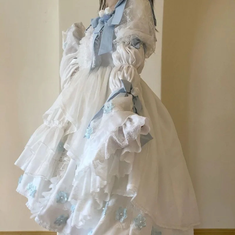 فستان أبيض للنساء بنات حلوة بأكمام طويلة فستان لوليتا مقوس دانتيل فساتين خرافية مع شال ربيع الخريف ملابس نسائية جديدة