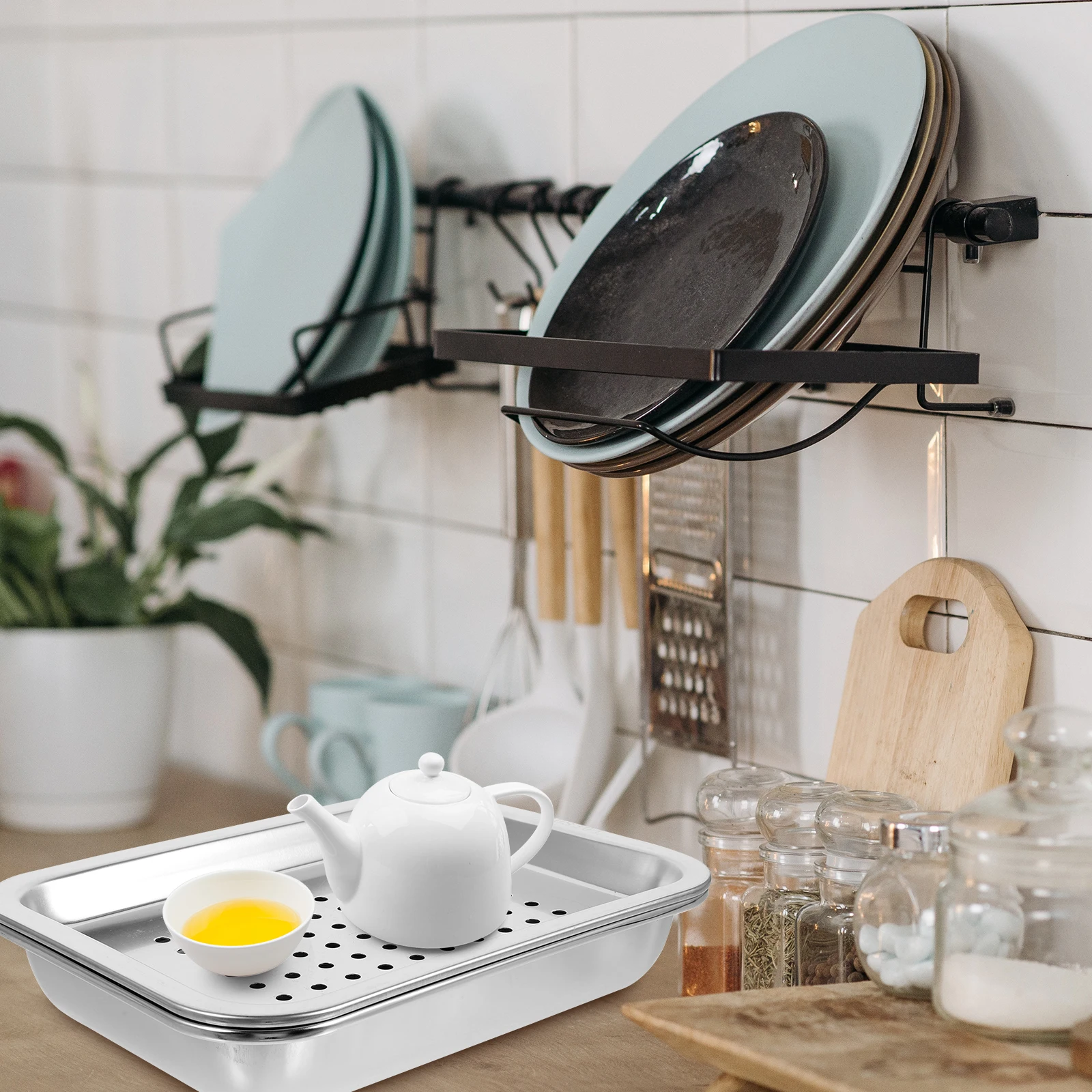 

1 Set Stainless Steel Tea Tray Hollow Design Stackable Water Draining Metal Serving Plate For Home Hotel Restaurant Use Easy