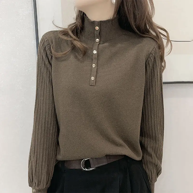 Otoño Invierno medio cuello alto elegante moda sólido suéter de fondo femenino linterna manga tejido Jersey suelto Top