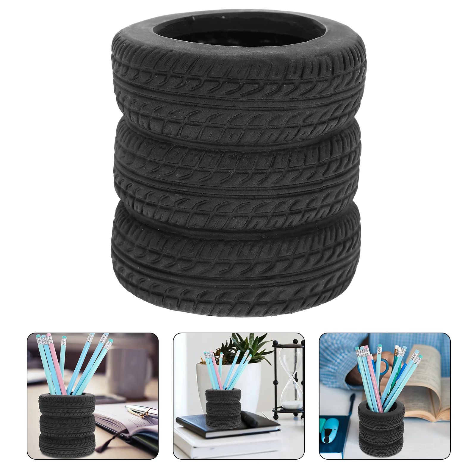 

Car Tires Styling Pen Holder Funny Office Organizer Storage Shaped Black Container